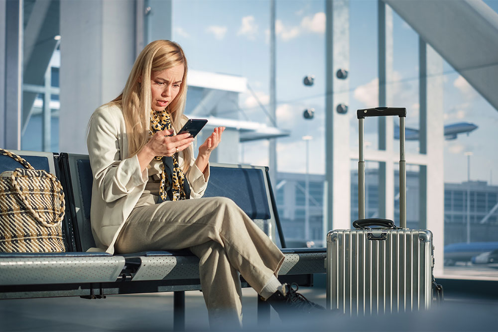 Lady sitting on bench in airport with luggage nearby, looking at her phone very concerned.